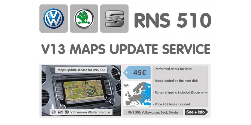 Volkswagen, Seat, Skoda: RNS 510 - Servicio de actualización de mapas - Mapas de Europa occidental versión V13 2016